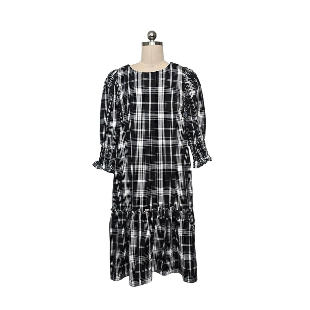 Sara Campbell Plaid Smocked Sleeve Ruffle Hem Dress Black White Size Medium NWT